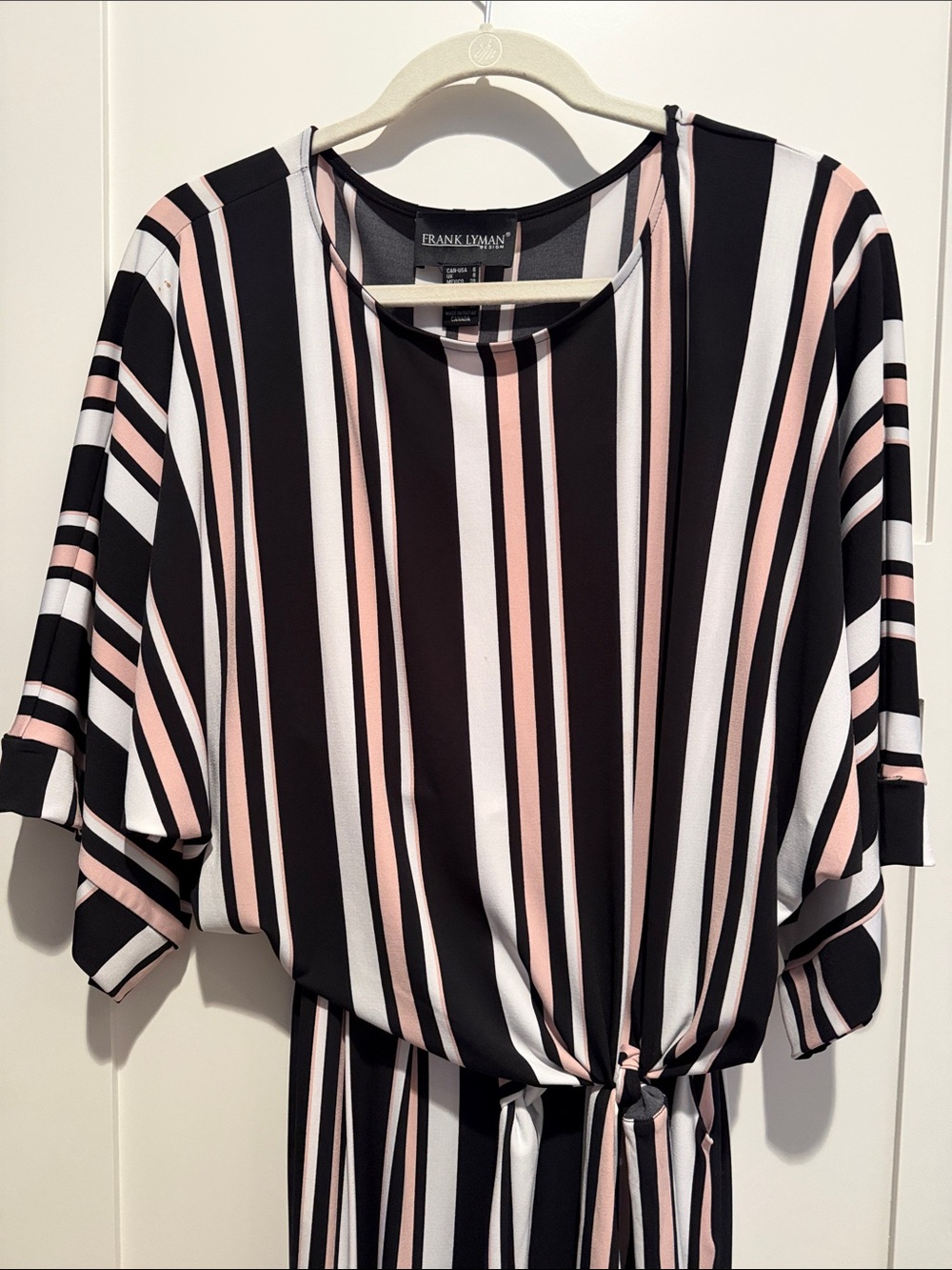Frank Lyman Design Black, Pink & White Vertical Stripe Tie-Front Tunic